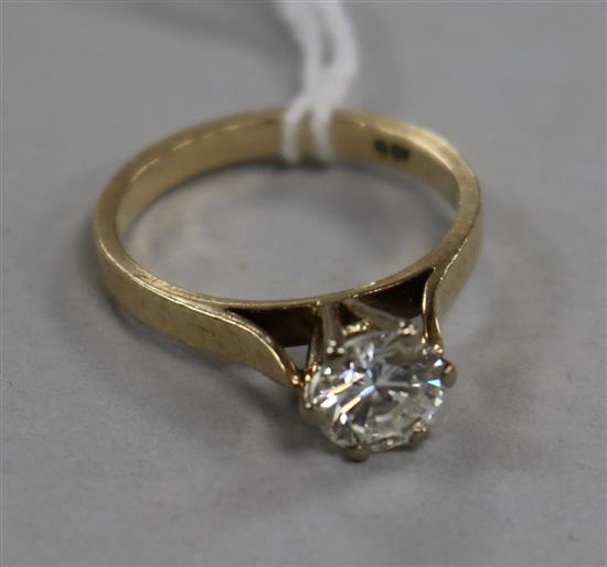 A 9ct gold and solitaire diamond ring, the stone weighing approximately 1.00ct, size M.